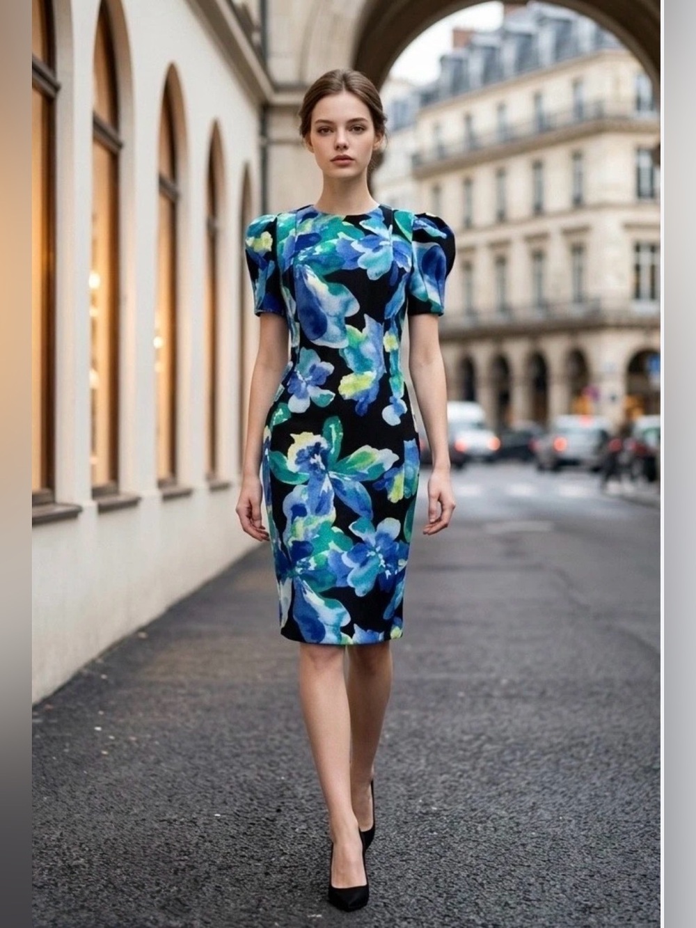 DKNY: Floral Puff Sleeve Midi Dress - Black with Blue & Green Floral